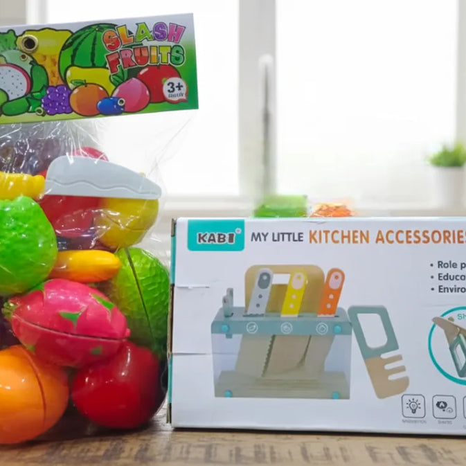 Little Kitchen Accessories + Colorful Fruit & Vegetable Cutting Toy (Pack 1)