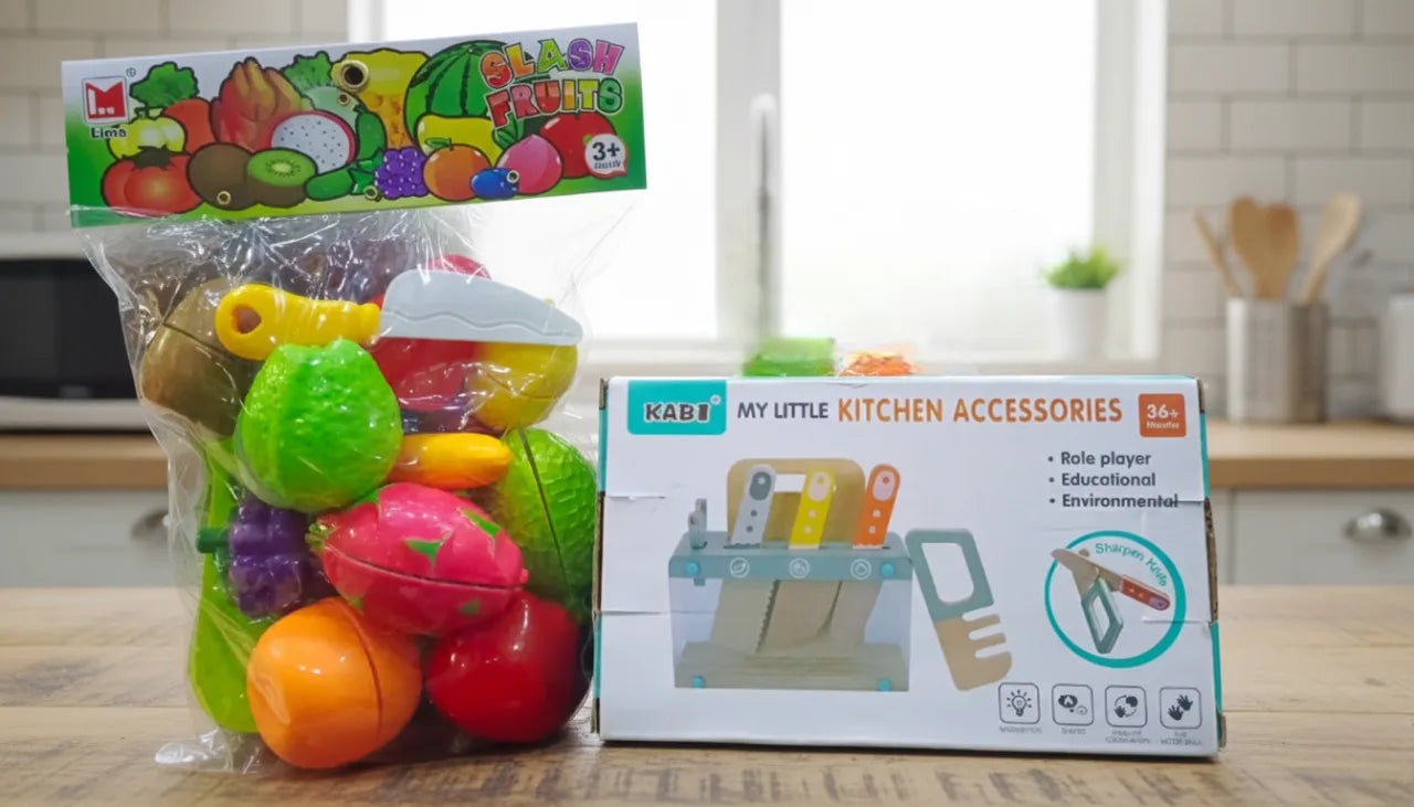 Little Kitchen Accessories + Colorful Fruit & Vegetable Cutting Toy (Pack 1)