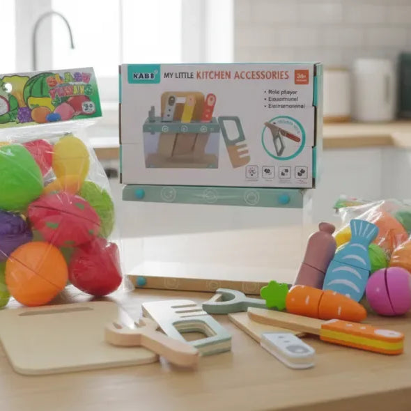 Little Kitchen Accessories + Colorful Fruit & Vegetable Cutting Toy (Pack 2)