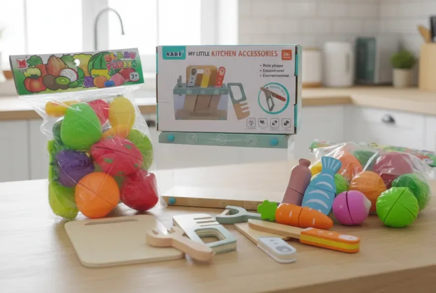 Little Kitchen Accessories + Colorful Fruit & Vegetable Cutting Toy (Pack 2)