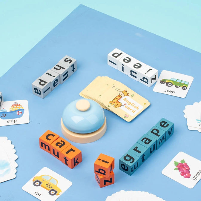 Montessori Wooden Spelling Word Game with Flashcards & Letter Blocks