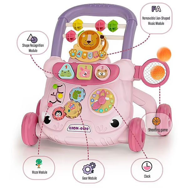 Multifunctional Baby Walker with Activity Learning Panel – Pink