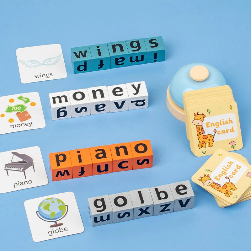 Montessori Wooden Spelling Word Game with Flashcards & Letter Blocks