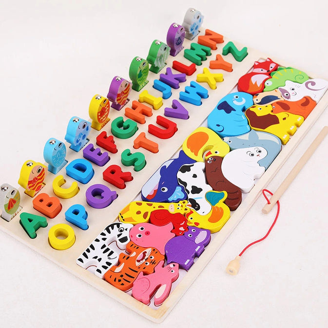 3-in-1 Wooden Montessori Puzzle Toy | Alphabet, Animals & Fishing Game