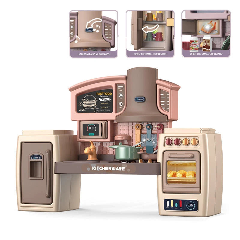 Kids Play Kitchen Set with Oven, Fridge, Dessert Trolley & Accessories