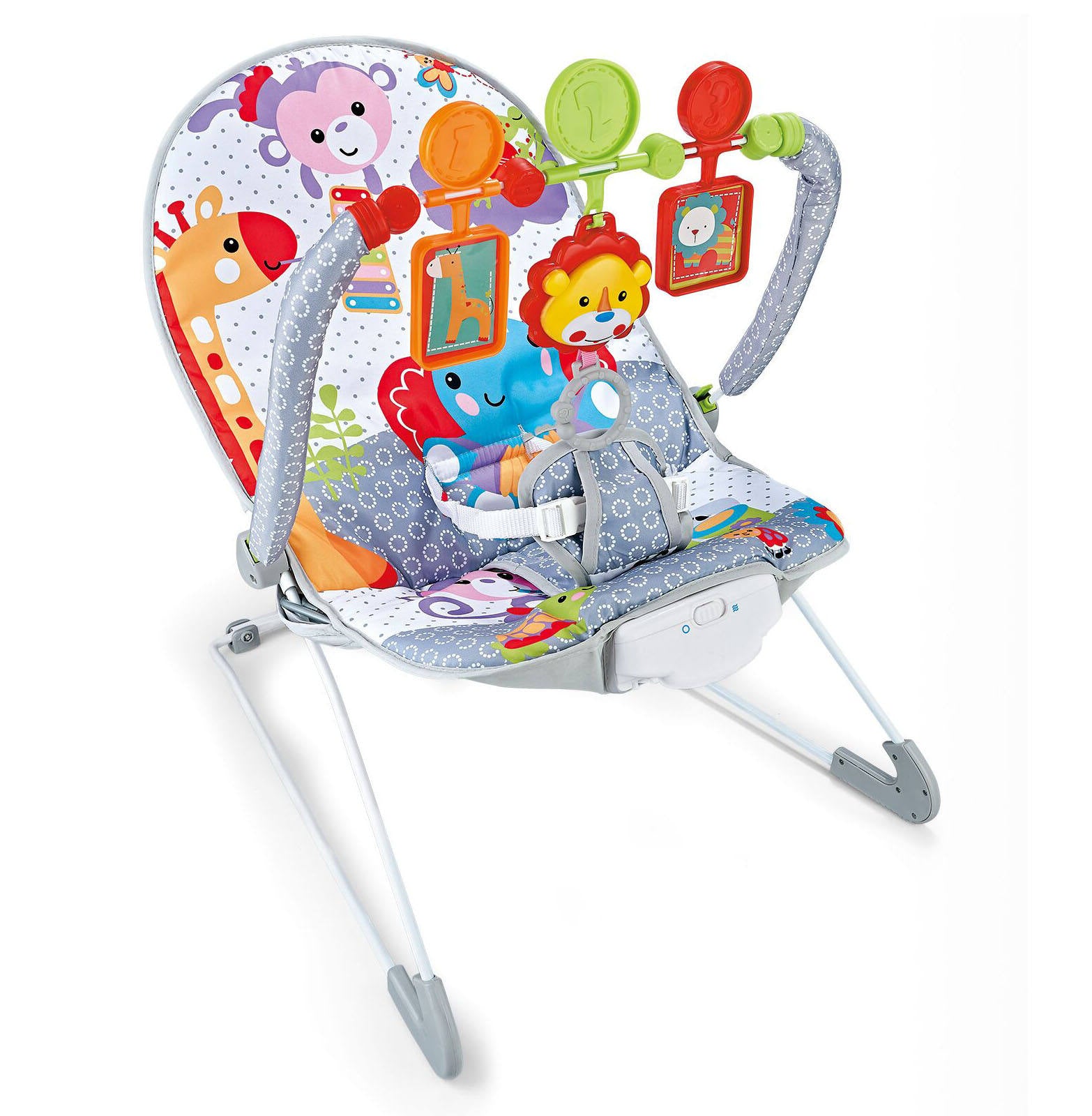 Baby Bouncer Chair with Vibrations and Animal Toy Bar – Gray Safari Theme, Soft Seat