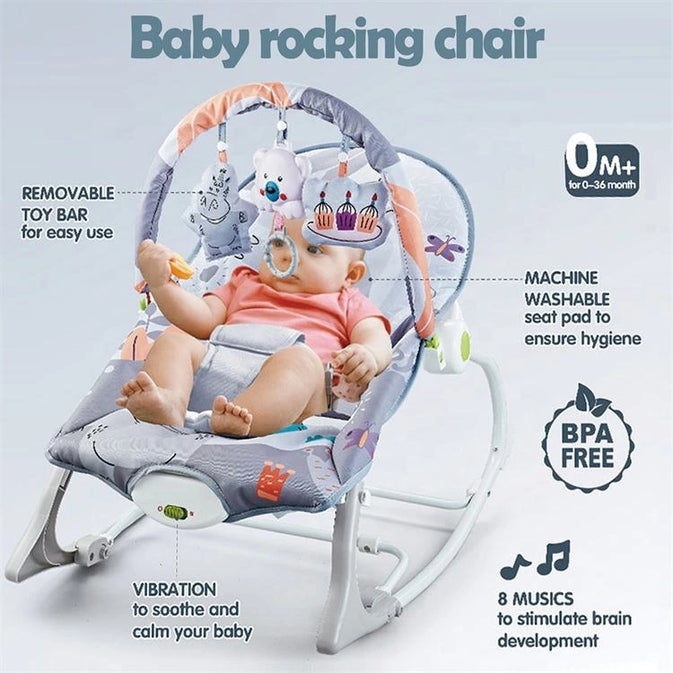 Baby Bouncer Rocker Chair – With Soothing Vibrations, Toy Bar & Safety Belt