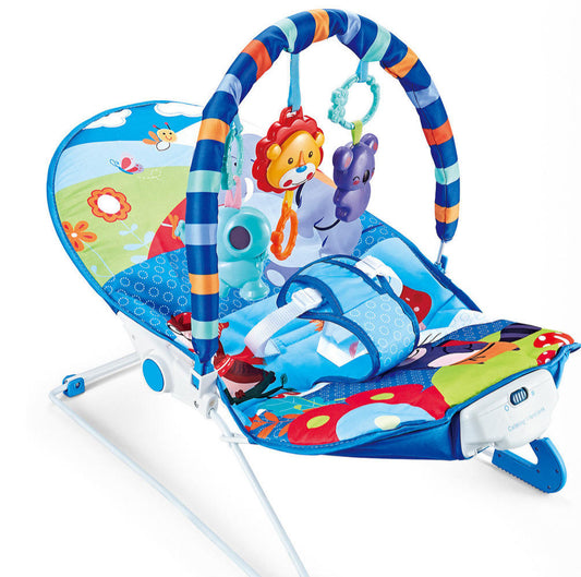 Vibrating Baby Bouncer Chair with Toy Bar – Jungle Theme, Soft Seat & Safety Harness