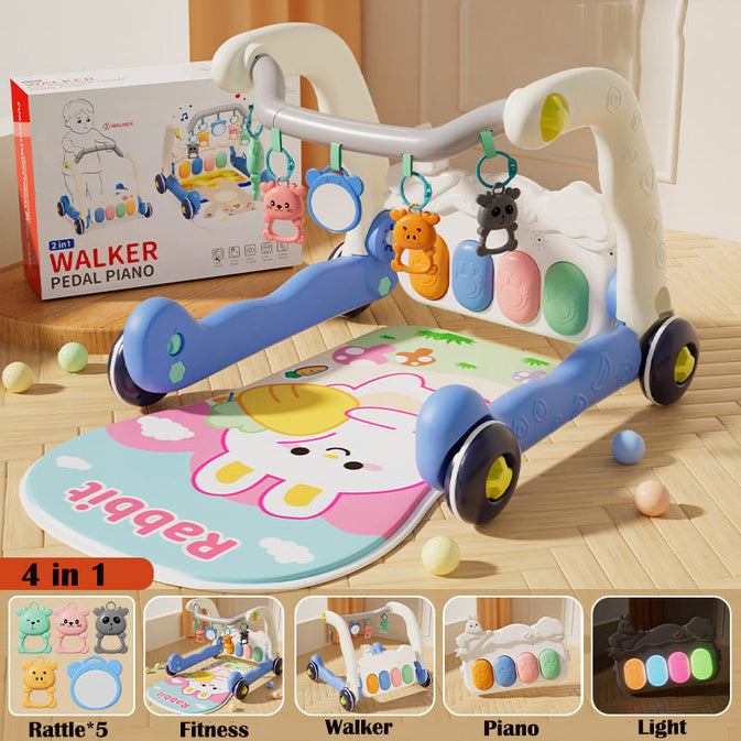 2-in-1 Baby Musical Walker with Play Mat & Hanging Toys – Blue Rabbit Theme
