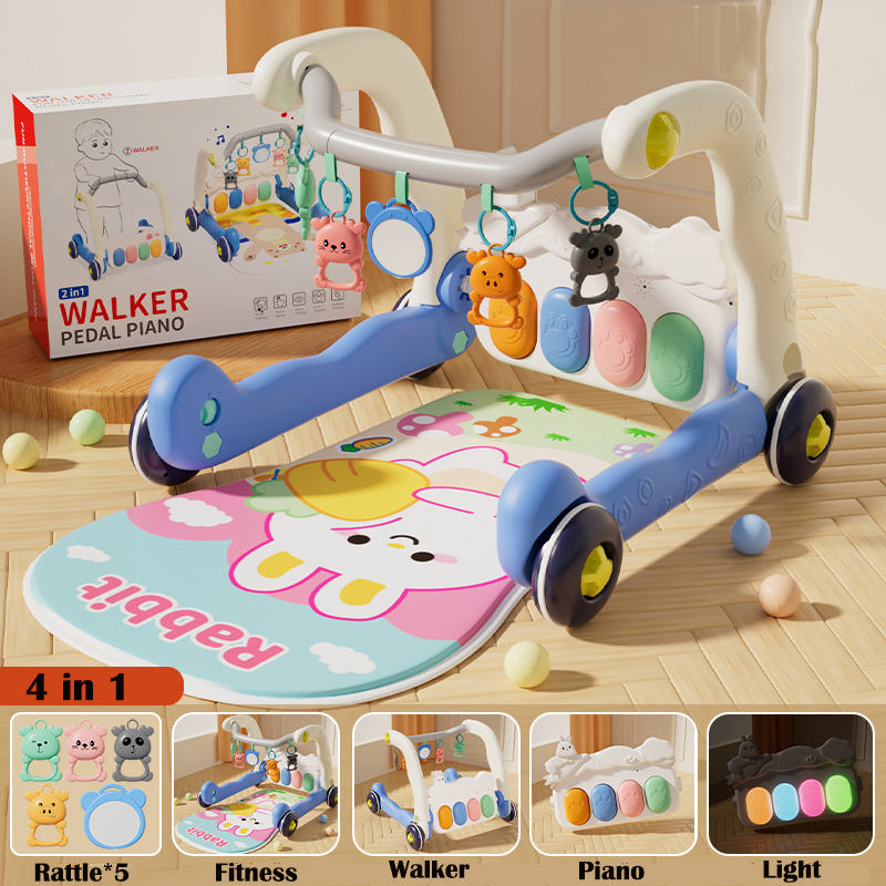 2-in-1 Baby Musical Walker with Play Mat & Hanging Toys – Blue Rabbit Theme