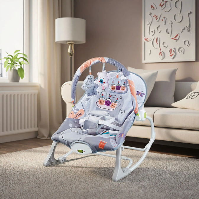 Baby Bouncer Rocker Chair – With Soothing Vibrations, Toy Bar & Safety Belt