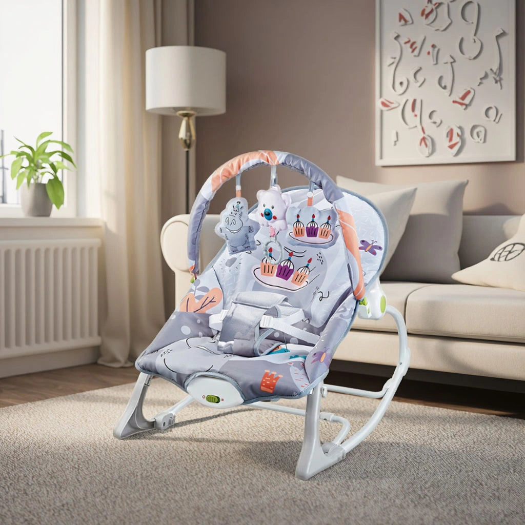 Baby Bouncer Rocker Chair – With Soothing Vibrations, Toy Bar & Safety Belt