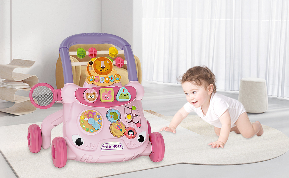 Multifunctional Baby Walker with Activity Learning Panel – Pink