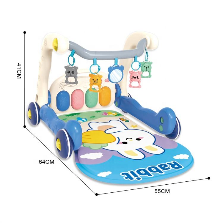 2-in-1 Baby Musical Walker with Play Mat & Hanging Toys – Blue Rabbit Theme