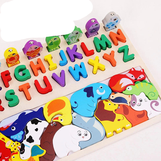 3-in-1 Wooden Montessori Puzzle Toy | Alphabet, Animals & Fishing Game