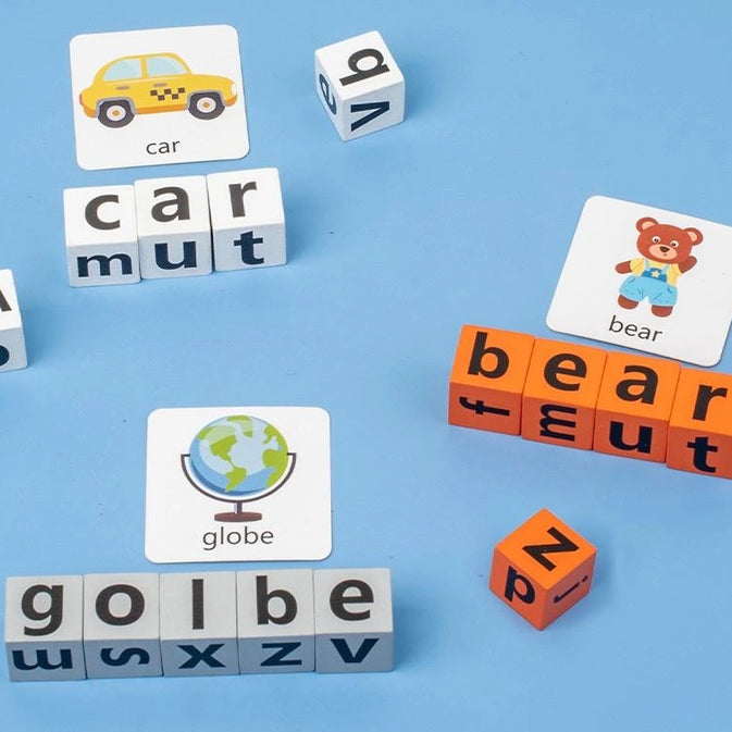 Montessori Wooden Spelling Word Game with Flashcards & Letter Blocks