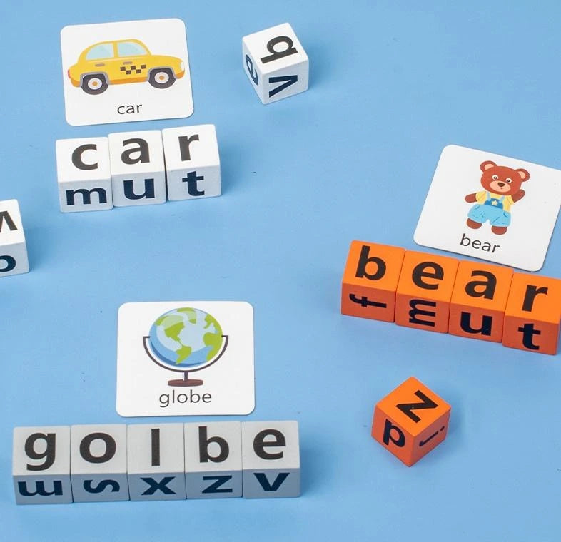 Montessori Wooden Spelling Word Game with Flashcards & Letter Blocks