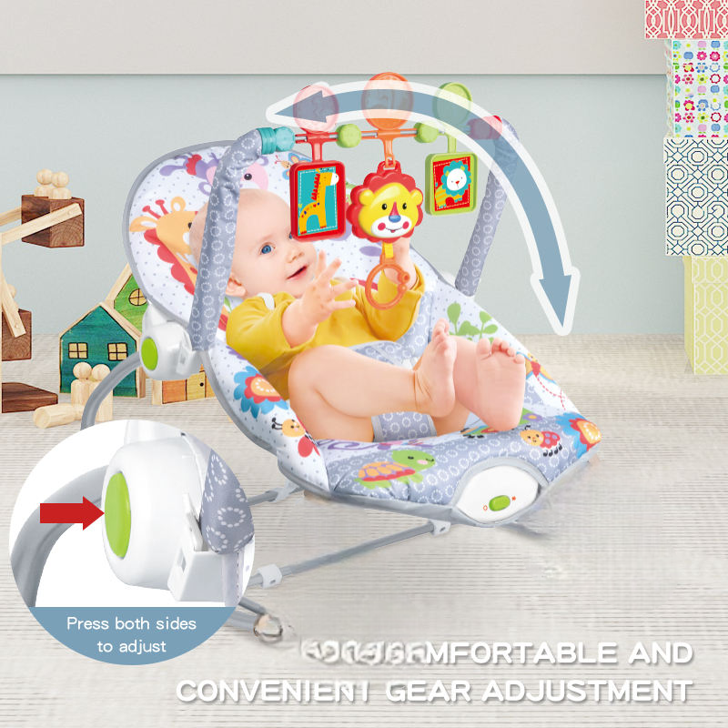 Baby Bouncer Chair with Vibrations and Animal Toy Bar – Gray Safari Theme, Soft Seat