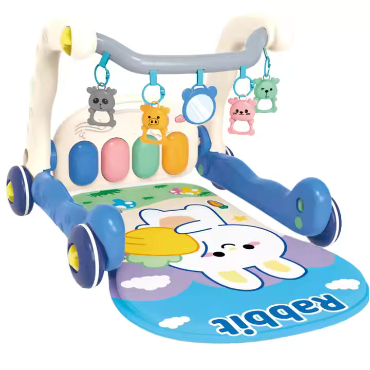 2-in-1 Baby Musical Walker with Play Mat & Hanging Toys – Blue Rabbit Theme
