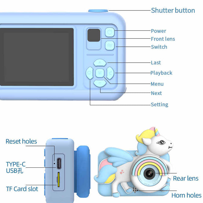 Digital camera Unicorn with Tripod Micro Toy lanyard Children Selfie Portable Toddler Video Holiday Gifts