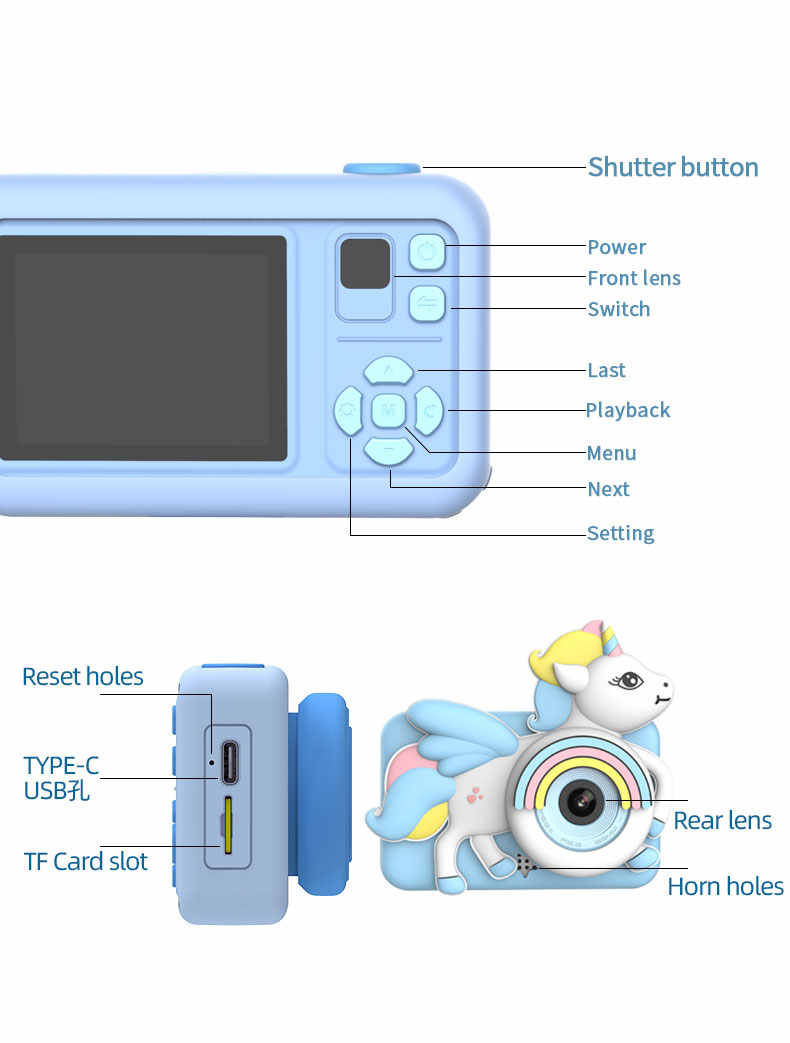 Digital camera Unicorn with Tripod Micro Toy lanyard Children Selfie Portable Toddler Video Holiday Gifts