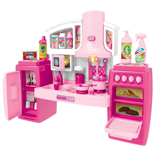 Pink Kids Toy Kitchen Playset with Lights, Sounds, Fridge & Oven – Pretend Cooking Set for Girls