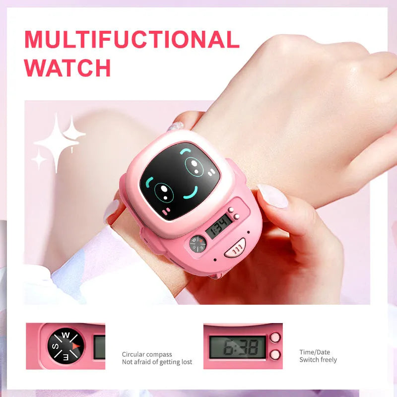 Pink and Blue Cute Robot Face Digital Kids Watch – Fun Cartoon Wristwatch