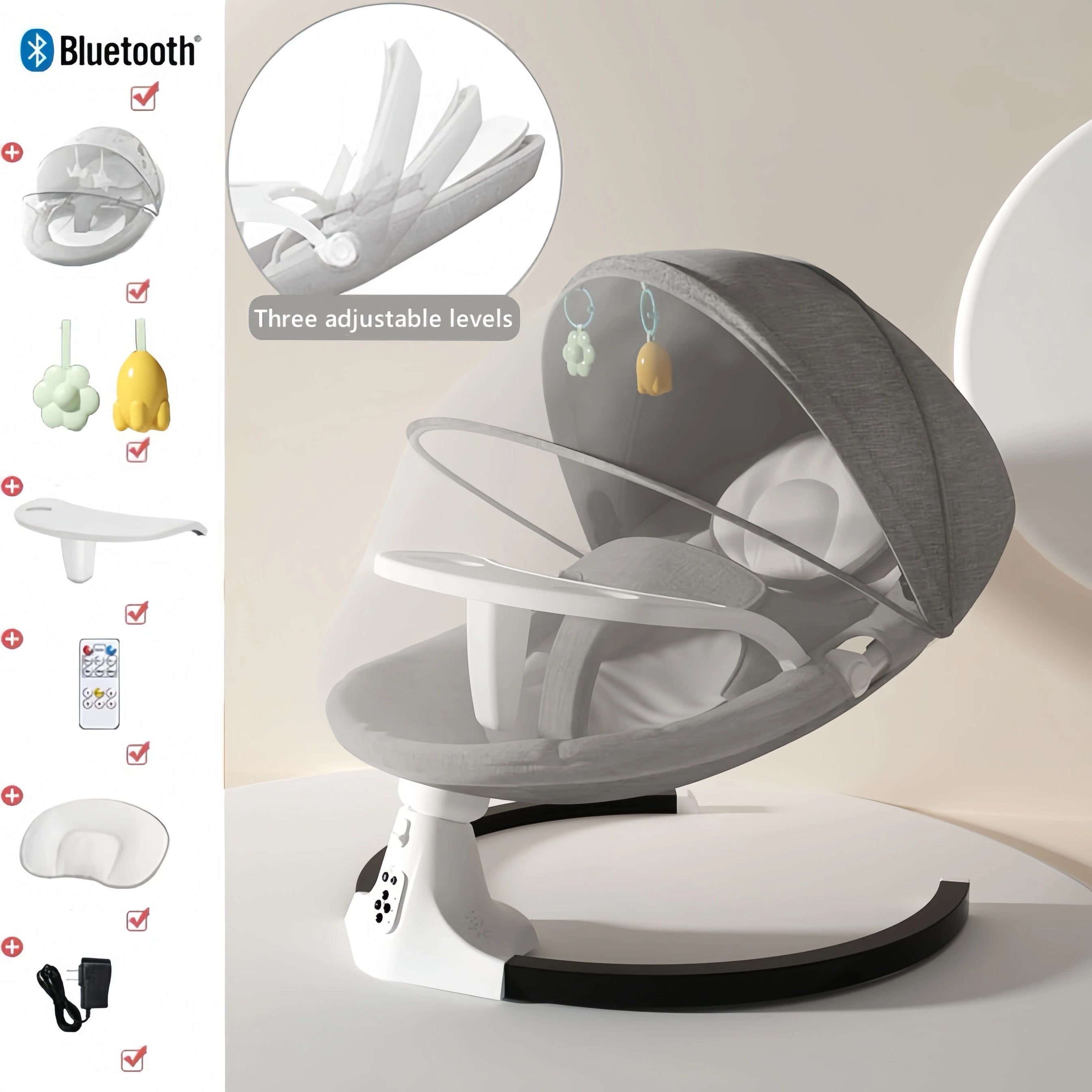 Baby Rocker Chair with Canopy – Adjustable Recline, Toy Bar, and Safety Belt