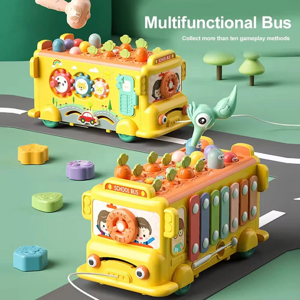Montessori Activity School Bus – Shape Sorter, Music & Xylophone Toy for 1–3 Yrs