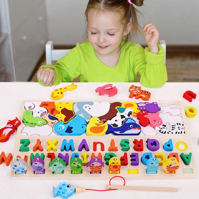 3-in-1 Wooden Montessori Puzzle Toy | Alphabet, Animals & Fishing Game