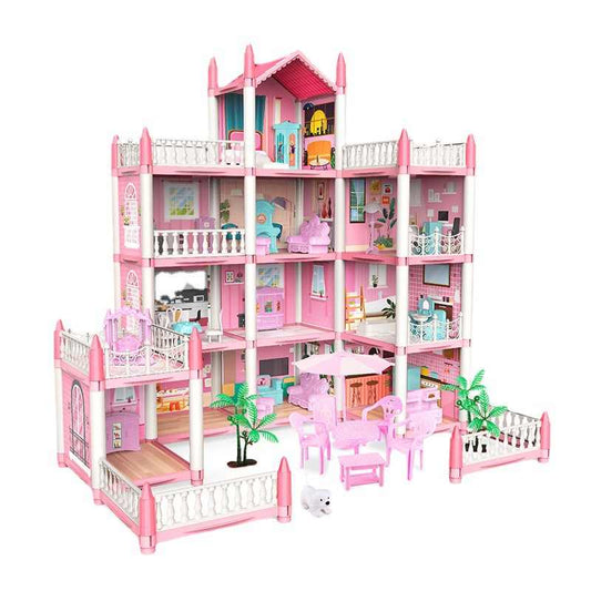 Deluxe Pink Dollhouse Playset Multi-Level with Furniture