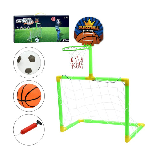 2-in-1 Kids Basketball & Soccer Goal 22pcs Set Plastic – with Ball, Pump & Net