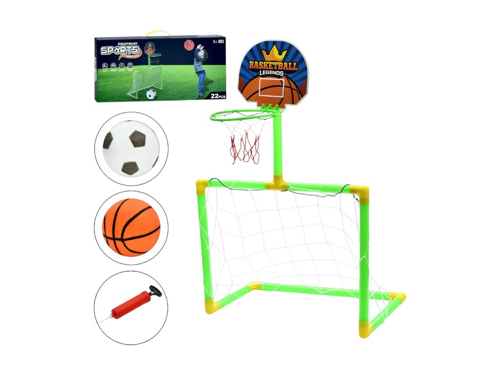 2-in-1 Kids Basketball & Soccer Goal 22pcs Set Plastic – with Ball, Pump & Net