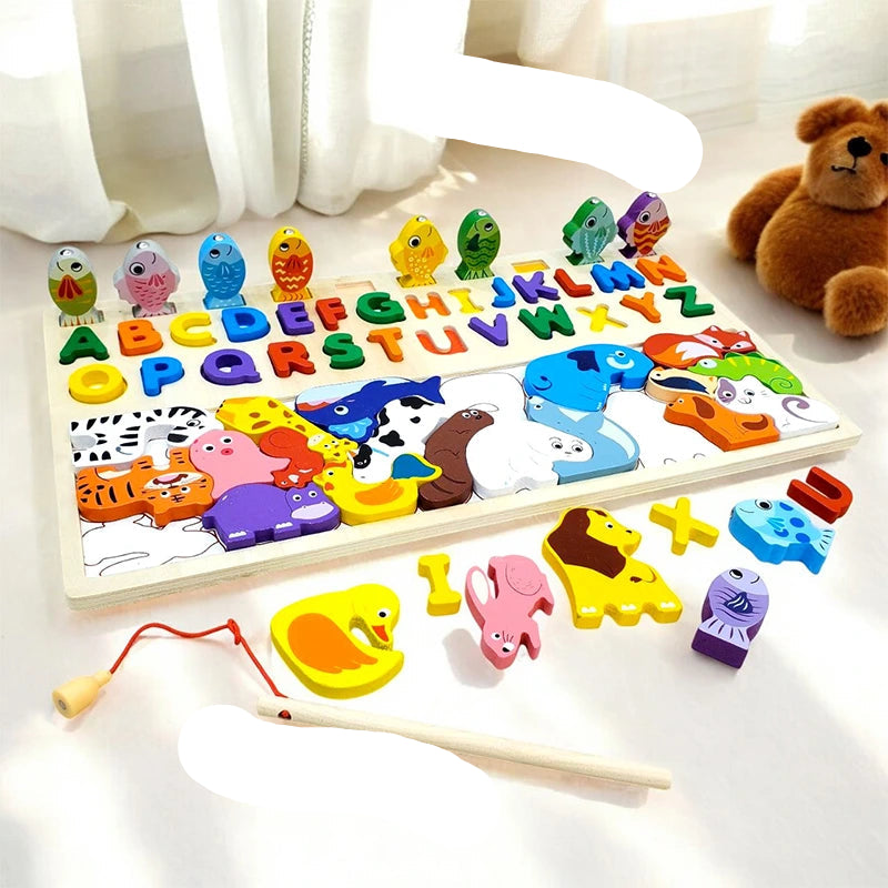 3-in-1 Wooden Montessori Puzzle Toy | Alphabet, Animals & Fishing Game