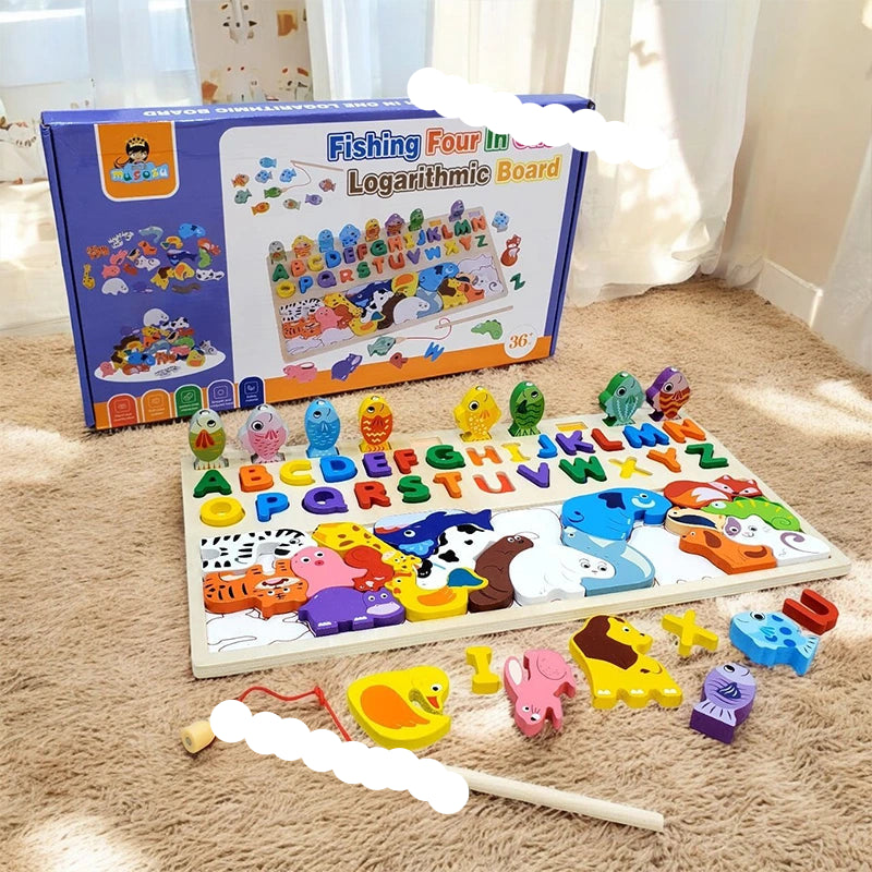 3-in-1 Wooden Montessori Puzzle Toy | Alphabet, Animals & Fishing Game