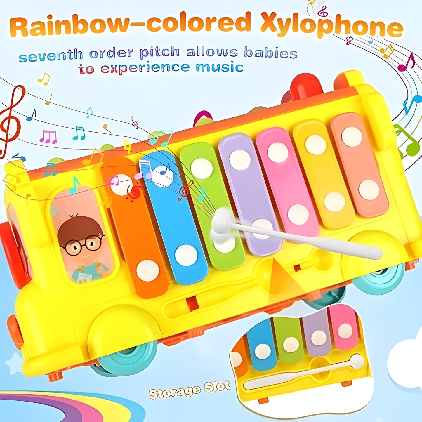 Montessori Activity School Bus – Shape Sorter, Music & Xylophone Toy for 1–3 Yrs