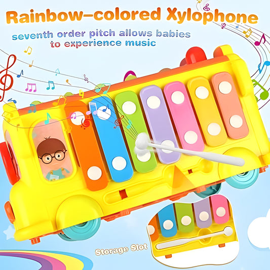 Montessori Activity School Bus – Shape Sorter, Music & Xylophone Toy for 1–3 Yrs