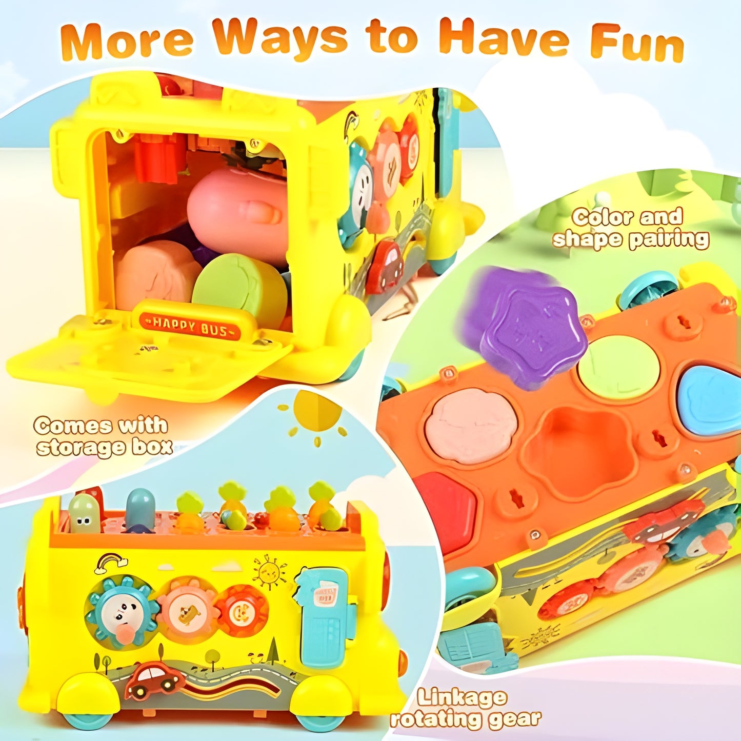 Montessori Activity School Bus – Shape Sorter, Music & Xylophone Toy for 1–3 Yrs