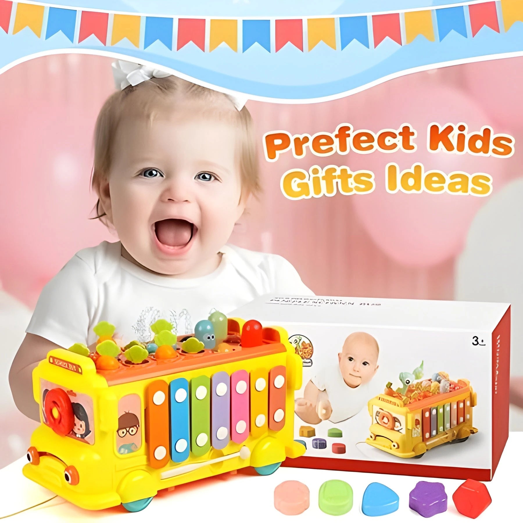 Montessori Activity School Bus – Shape Sorter, Music & Xylophone Toy for 1–3 Yrs