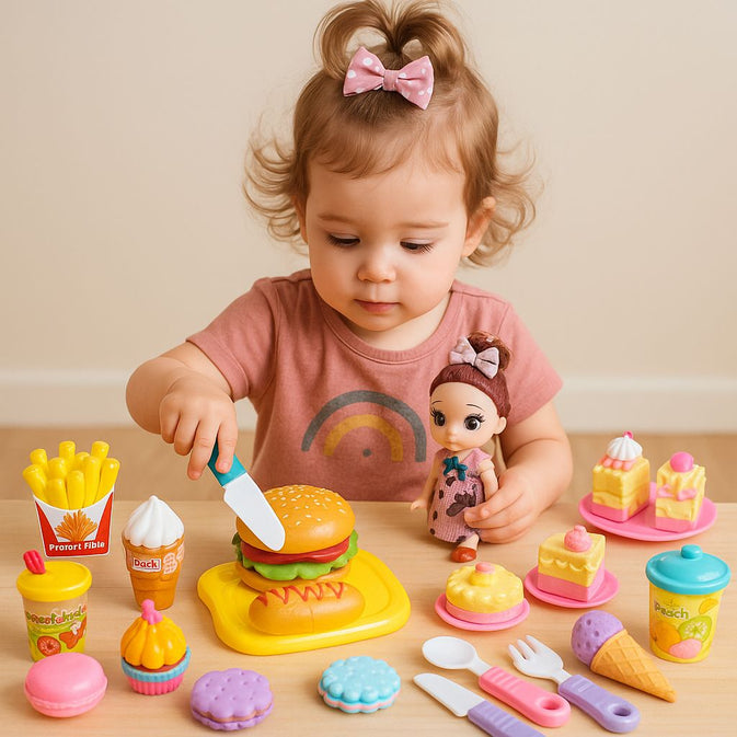 Pretend Food Toy Set – Cutting Fruits Basket & Dessert Play Set for Kids (Ages 3+) (Bundle)