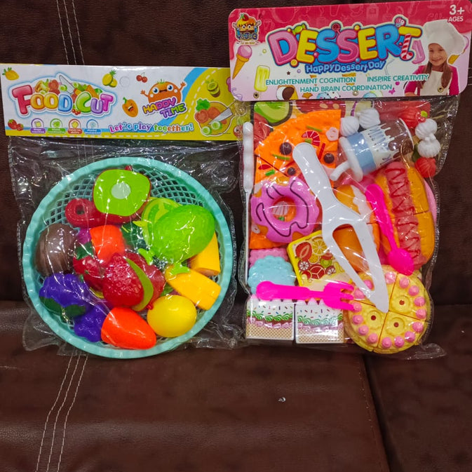 Pretend Food Toy Set – Cutting Fruits Basket & Dessert Play Set for Kids (Ages 3+) (Bundle)