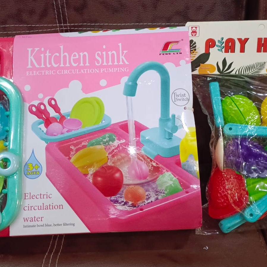 Kitchen Sink Toy Set with Water Circulation + Play House Cutting Fruits Set (bundle)