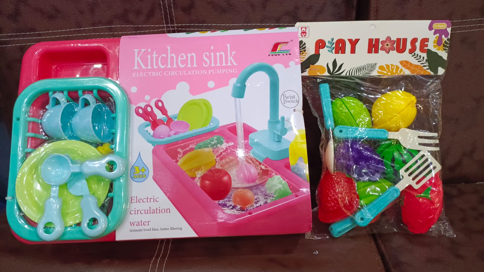 Kitchen Sink Toy Set with Water Circulation + Play House Cutting Fruits Set (bundle)