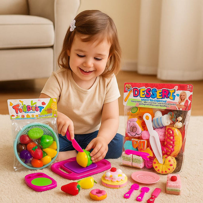 Pretend Food Toy Set – Cutting Fruits Basket & Dessert Play Set for Kids (Ages 3+) (Bundle)