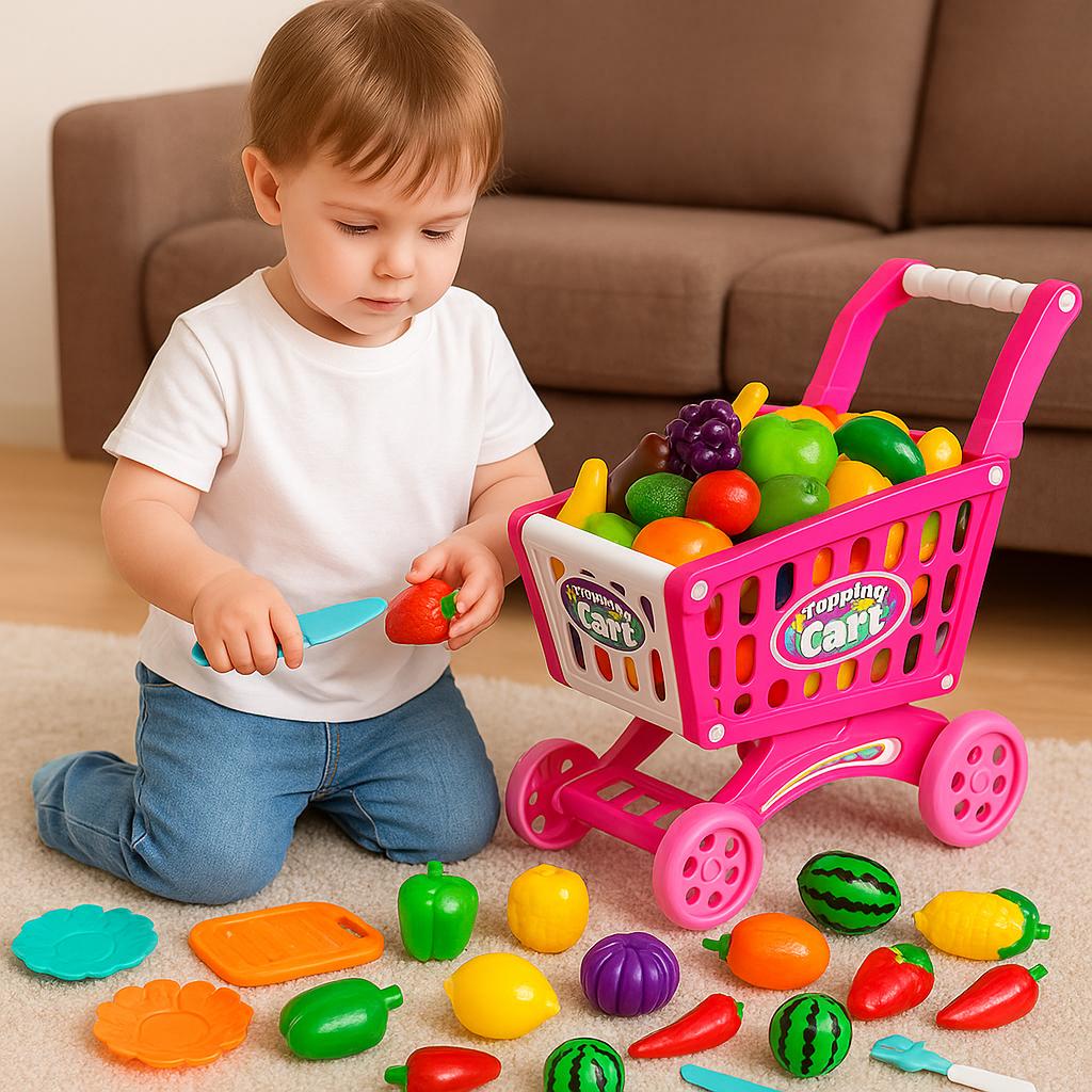 Kids Shopping Cart Playset + Fruit & Veggies Cutting Pack (Bundle)