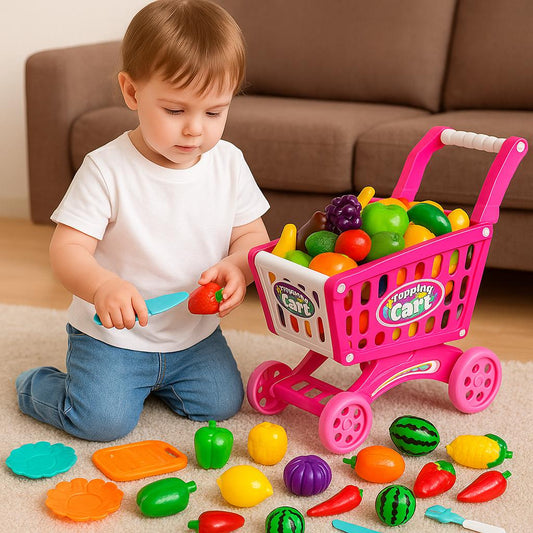 Kids Shopping Cart Playset + Fruit & Veggies Cutting Pack (Bundle)