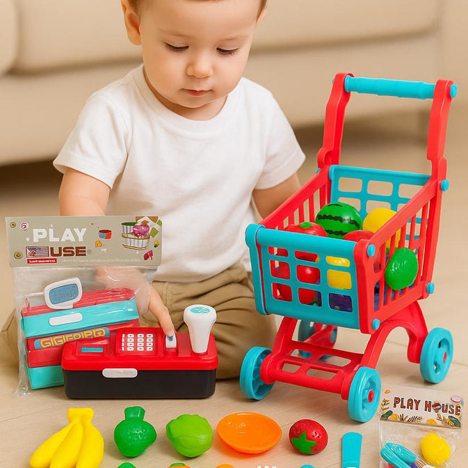 Play Toy Set – Shopping Trolley, Cash Register & Cutting Food Play Set for Kids