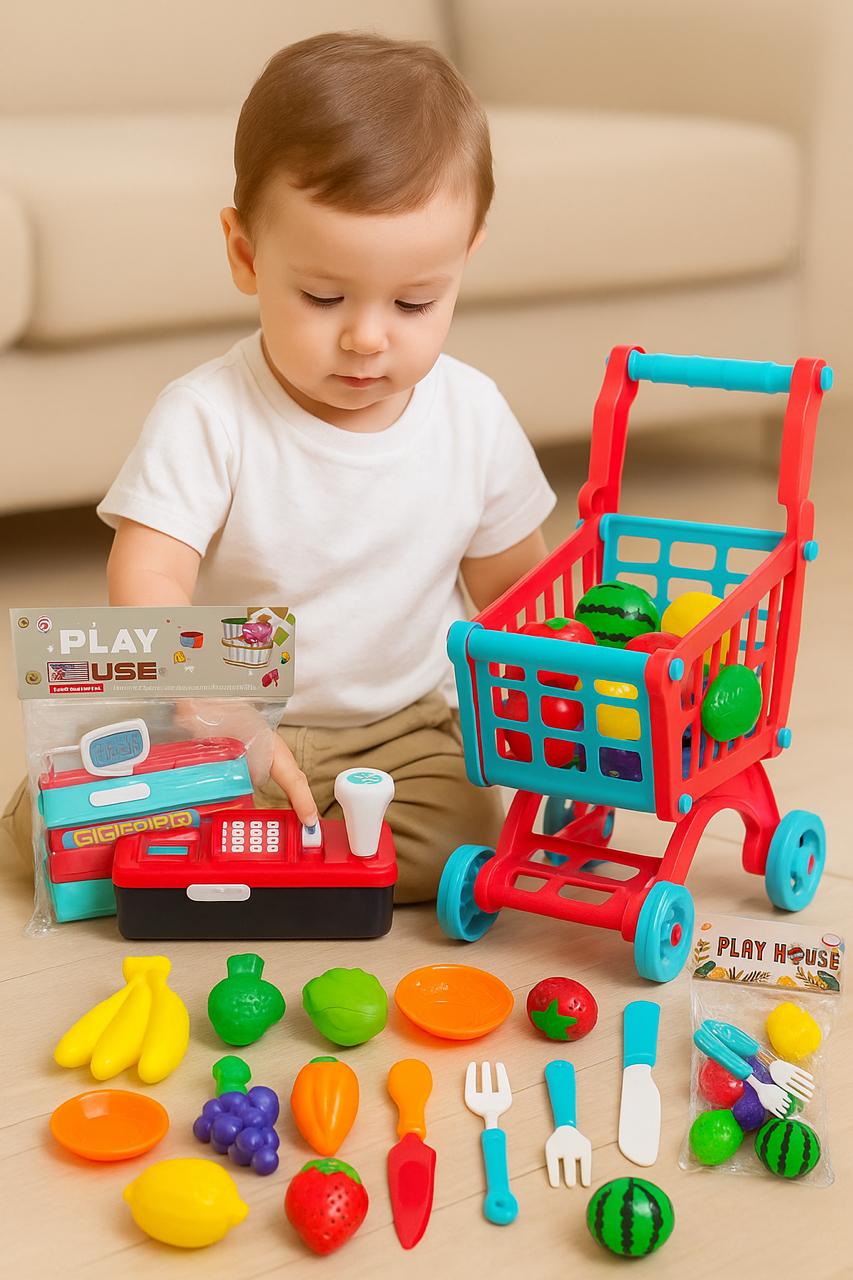Play Toy Set – Shopping Trolley, Cash Register & Cutting Food Play Set for Kids