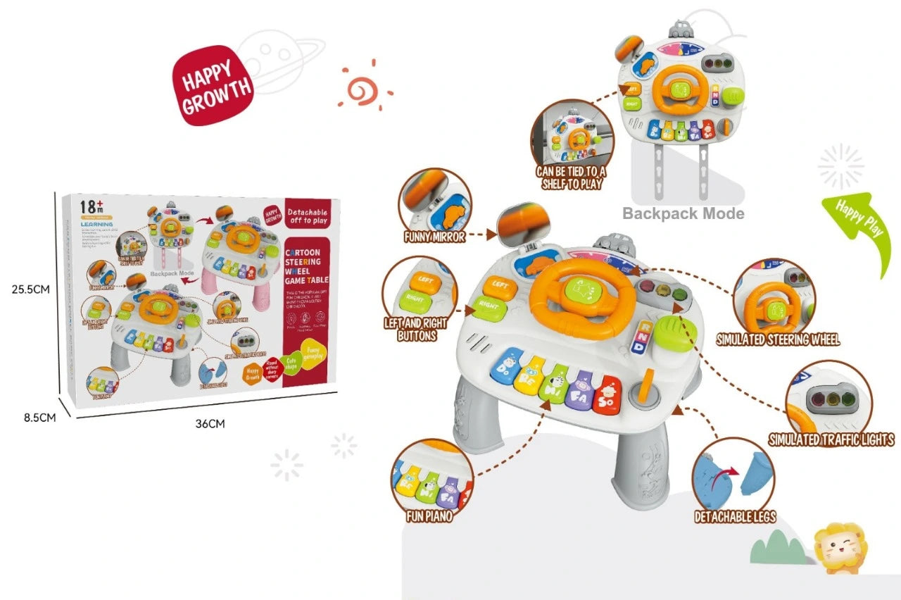 Multifunctional Cartoon Steering Wheel Activity Table for Kids – Musical Learning Game with Lights & Sounds