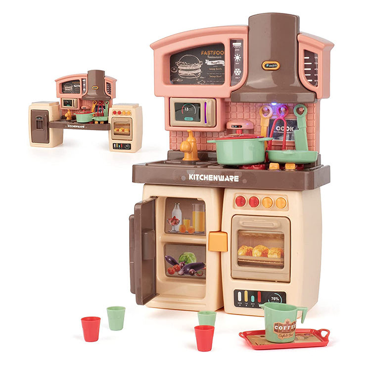 Kitchen Counter & Kitchenware Pretend Play Set – Interactive Toy Kitchen with Lights, Sound & Accessories (Fast Food Style)